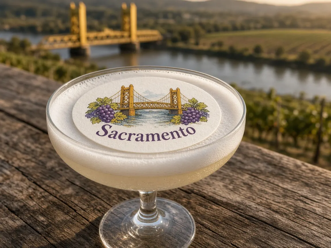 Sparkling sour with a golden bridge and grapes Sacramento topper by the river and vineyards
