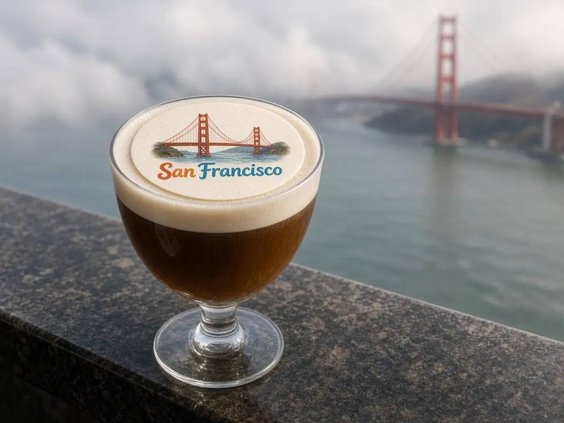 Espresso martini with a Golden Gate Bridge topper, fog over the bay behind