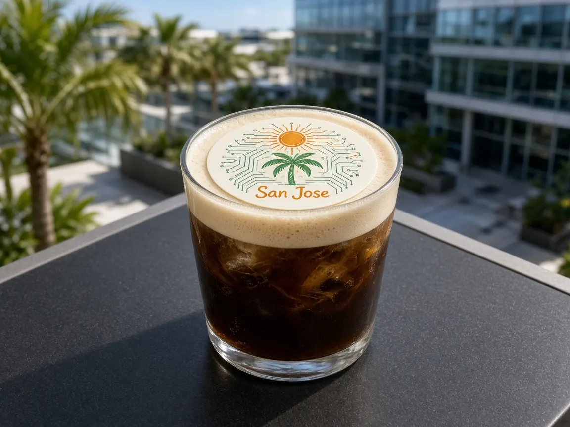 Cold brew with cold foam and a circuit-sun palm San Jose topper on a tech campus terrace
