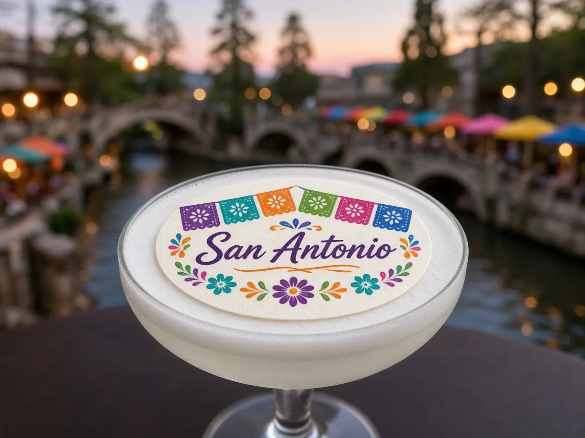 Frosted sour with a papel picado San Antonio topper above the River Walk