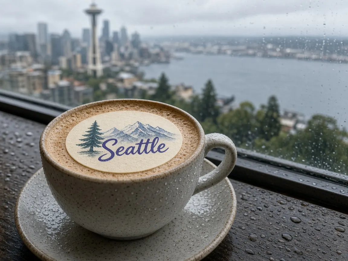 Latte with a Seattle mountain and evergreen topper, Space Needle and Elliott Bay behind