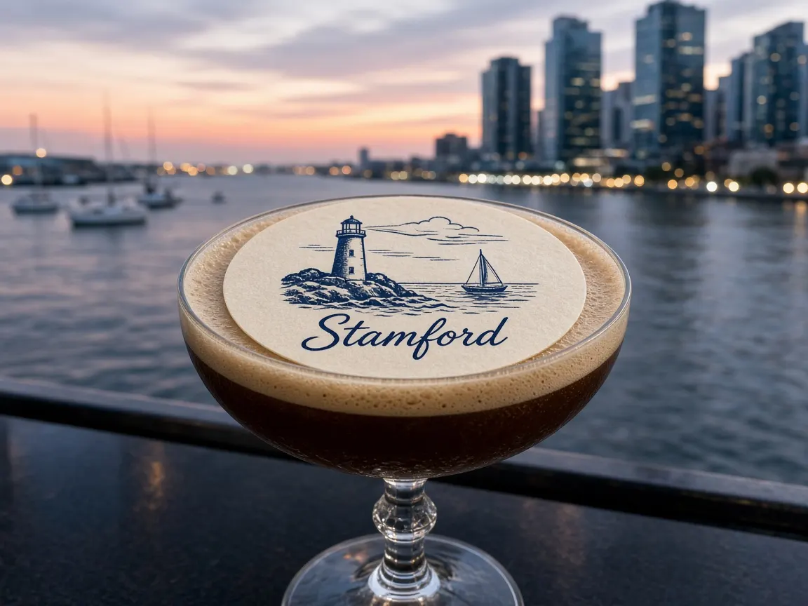 Espresso martini with a lighthouse Stamford topper on the harbour