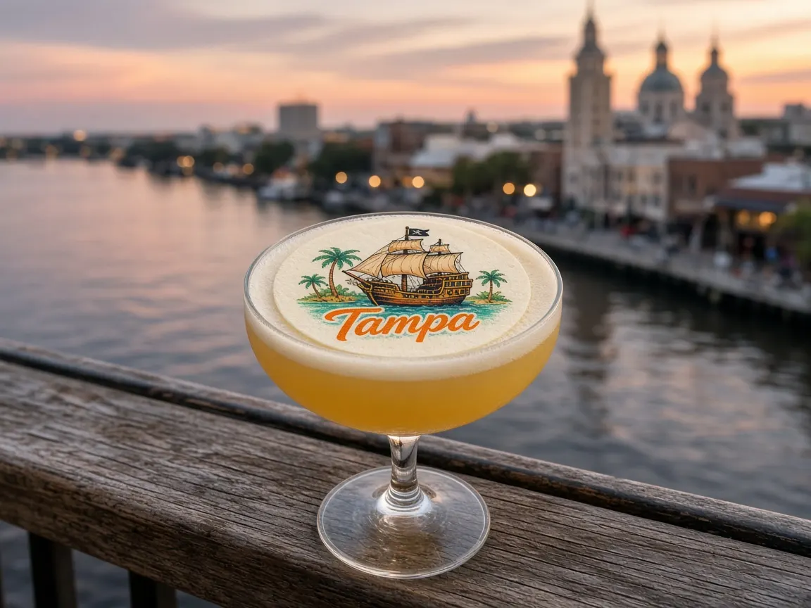 Mango sour with a pirate ship Tampa topper, Riverwalk and historic minarets behind