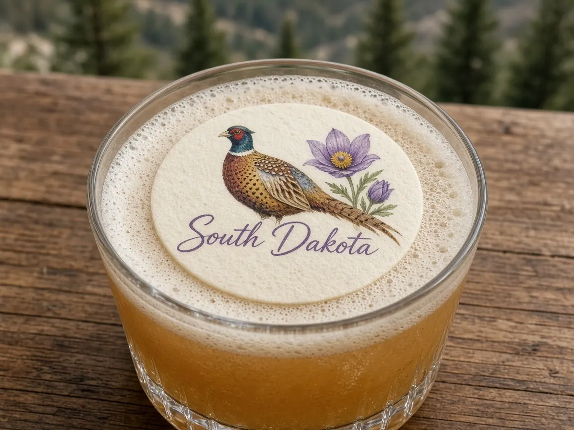 Whiskey sour with a pheasant and pasque flower South Dakota topper