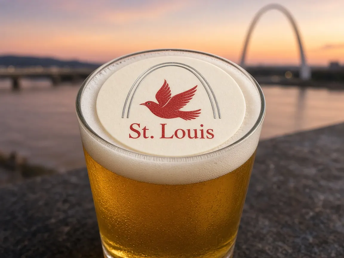 Pint with an arch and red bird St. Louis topper, the Gateway Arch at sunset behind