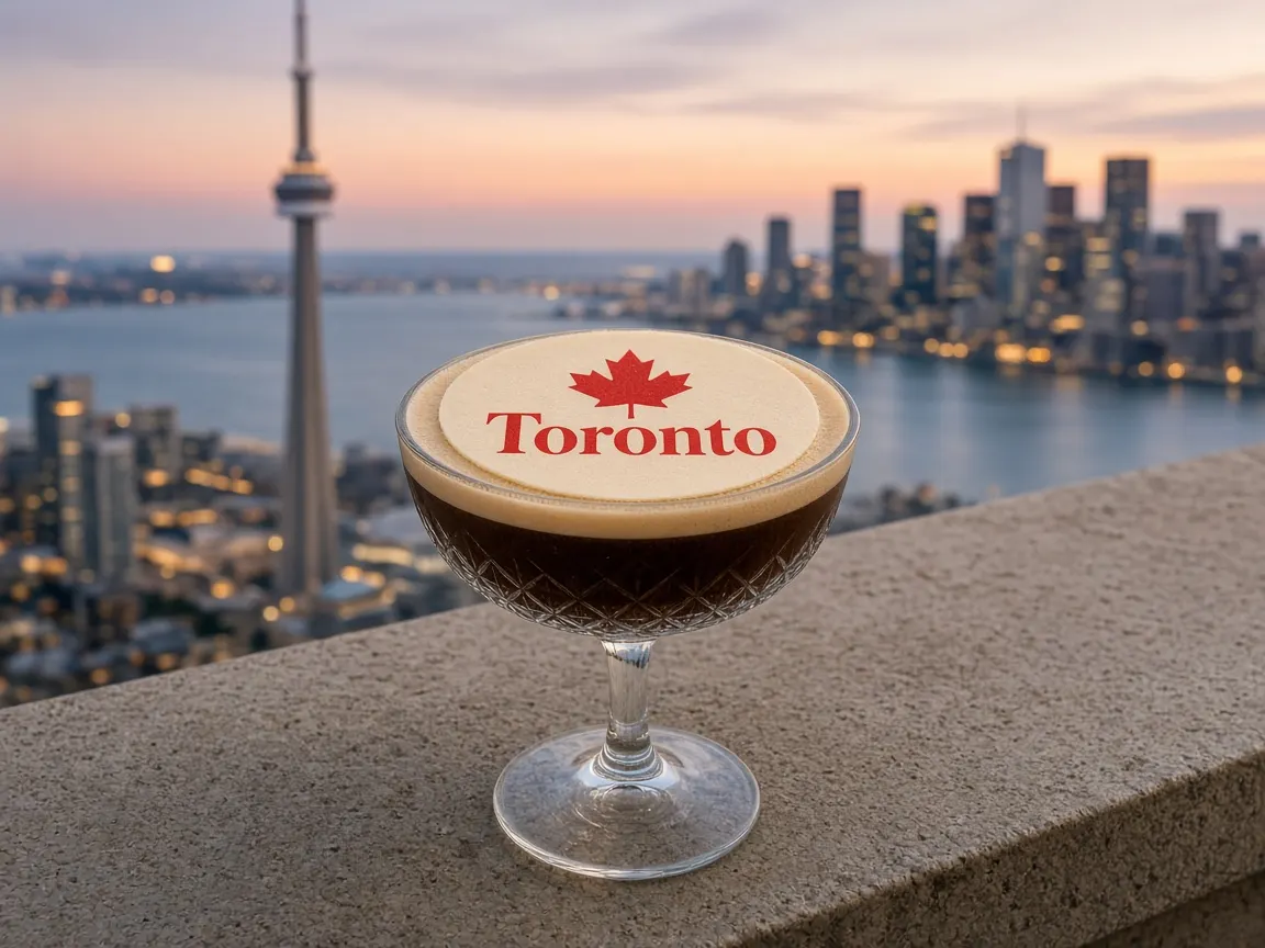 Espresso martini with a Toronto maple leaf topper, CN Tower and Lake Ontario behind