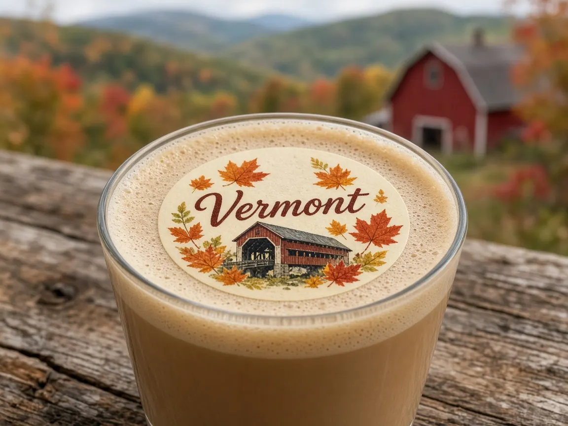 Maple latte with a covered bridge Vermont topper in autumn