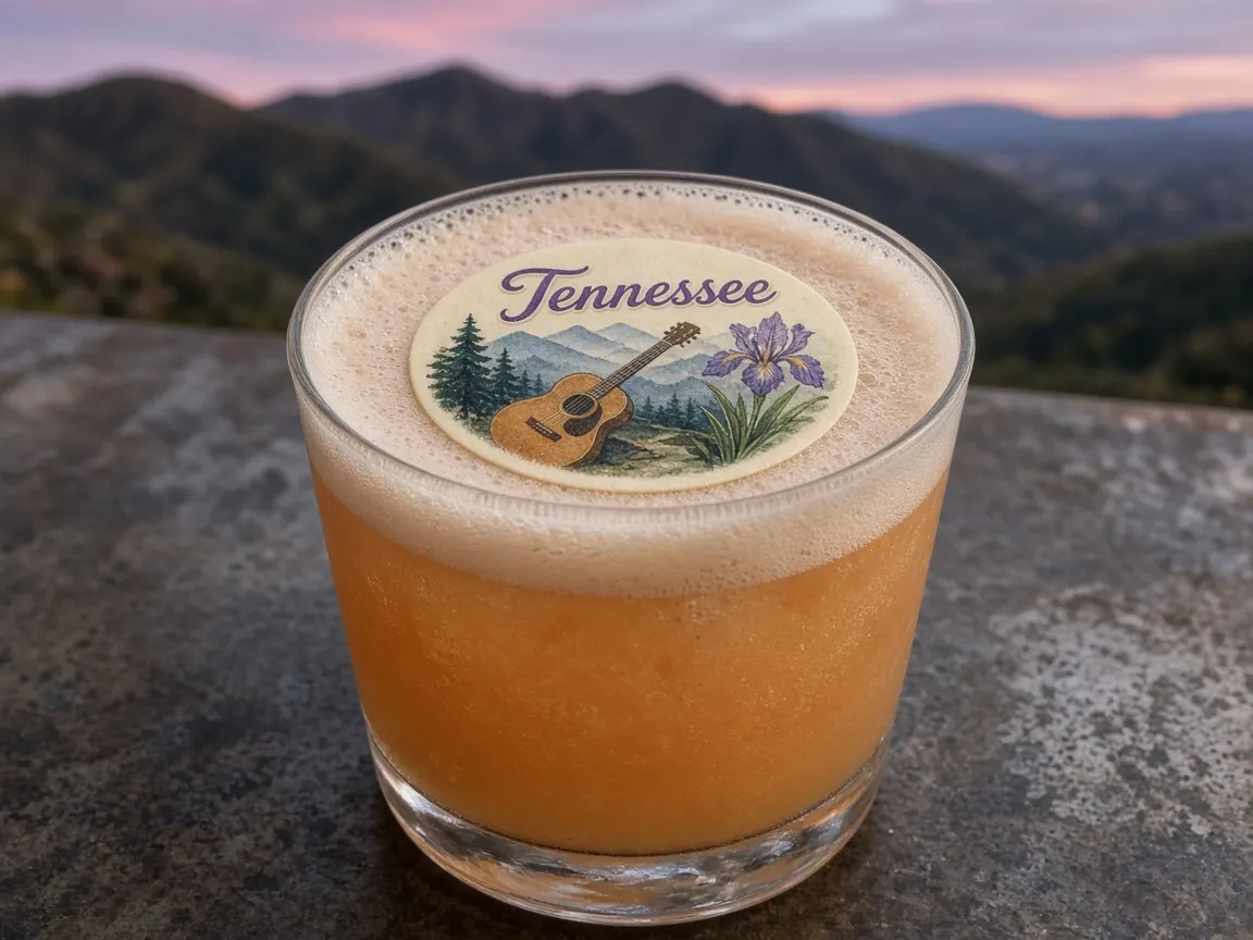 Bourbon sour with a guitar and iris Tennessee topper above the Smokies