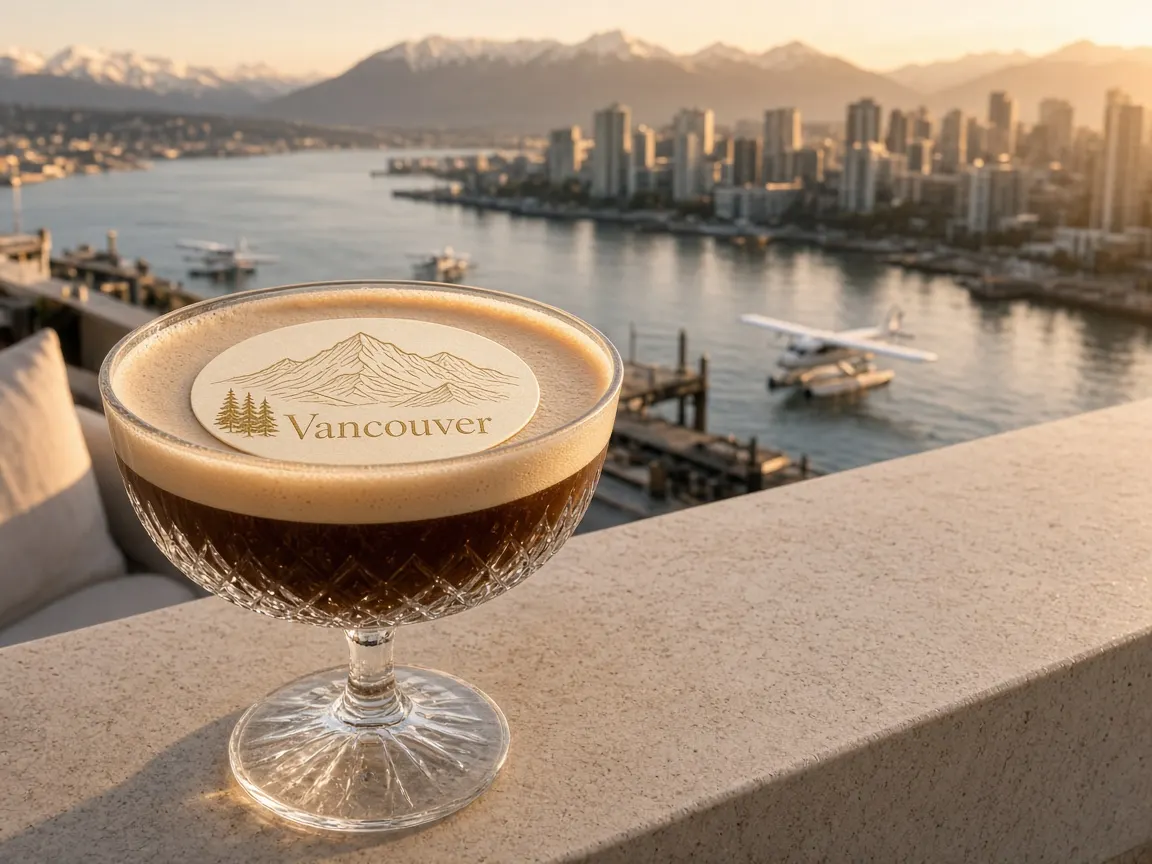 Espresso martini with a Vancouver mountain topper overlooking the harbour and North Shore mountains