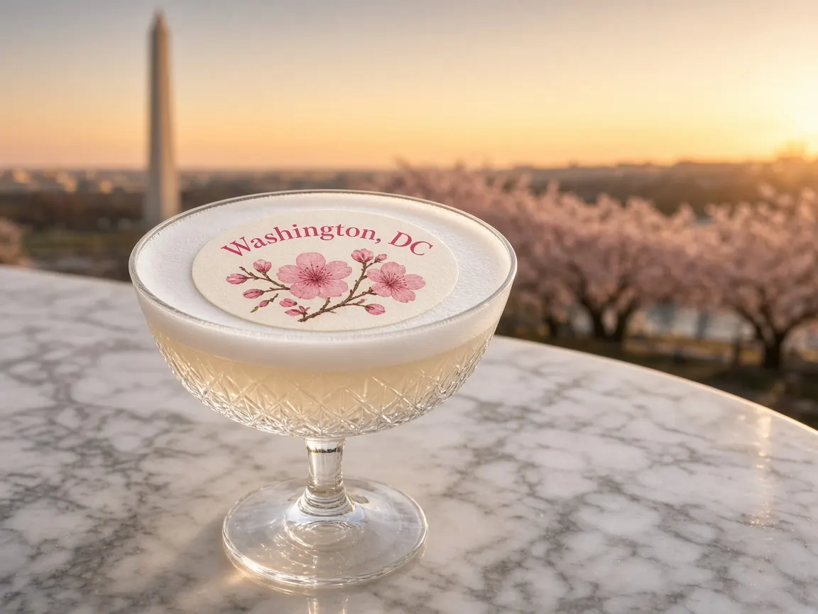 Champagne sour with a cherry blossom Washington DC topper, Washington Monument behind