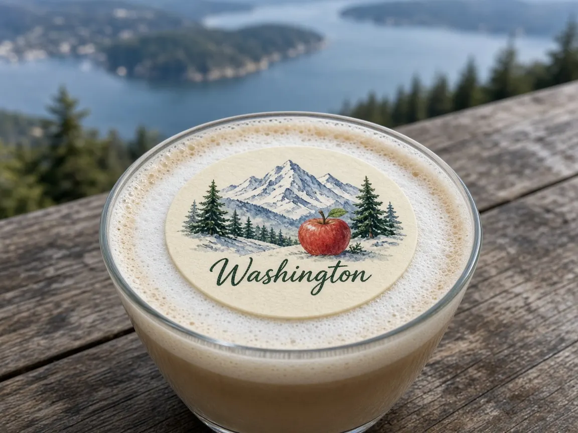 Cappuccino with a mountain and apple Washington topper above Puget Sound