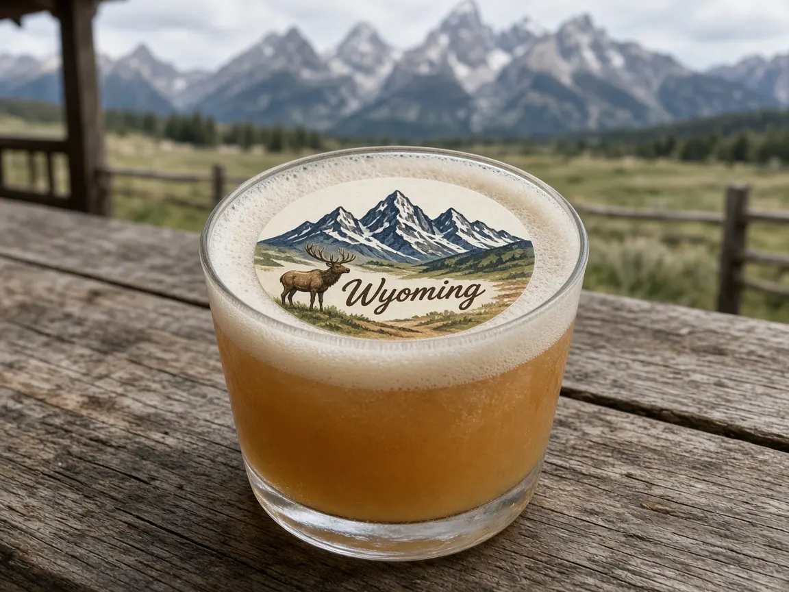 Whiskey sour with mountain peaks and an elk Wyoming topper by a ranch fence