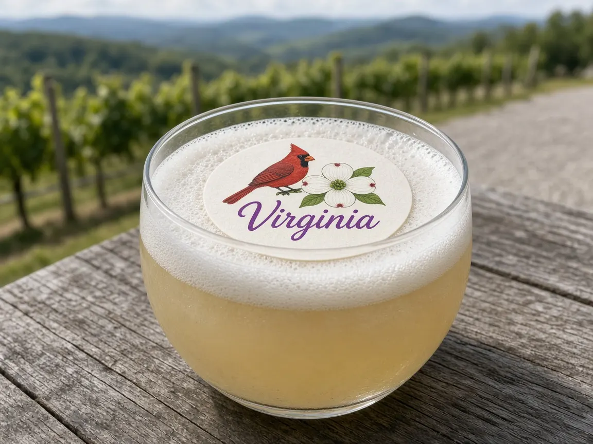 White wine sour with a cardinal and dogwood Virginia topper by a vineyard