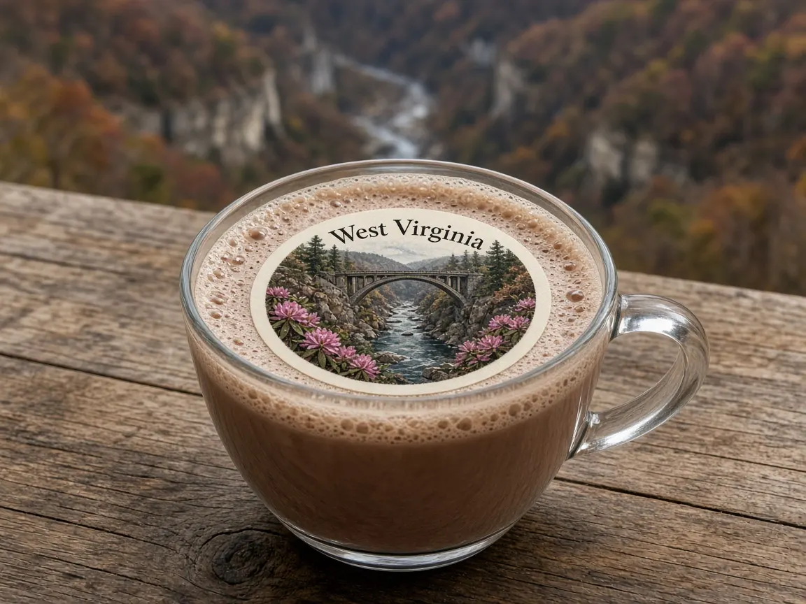 Hot chocolate with a gorge bridge and rhododendron West Virginia topper