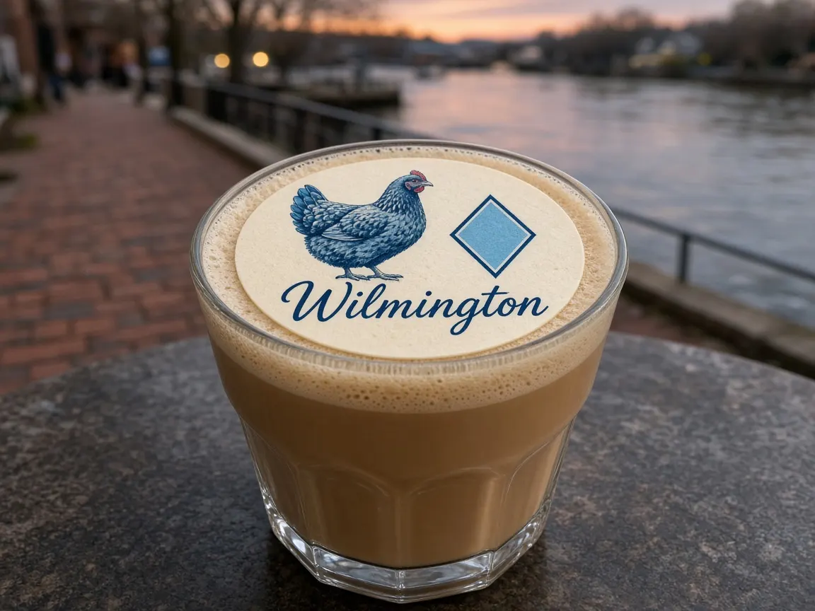 Latte with a blue hen and diamond Wilmington topper on the riverfront
