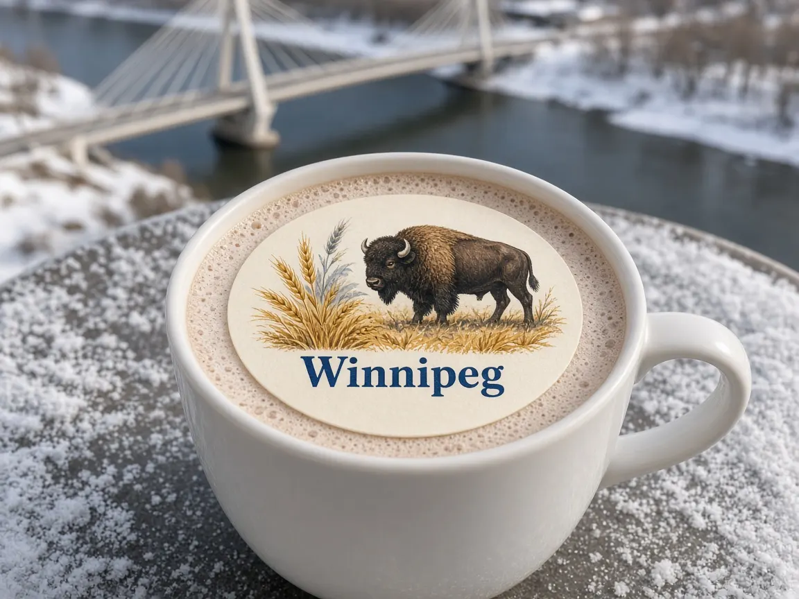 Hot chocolate with a bison and wheat Winnipeg topper by the snowy river walk