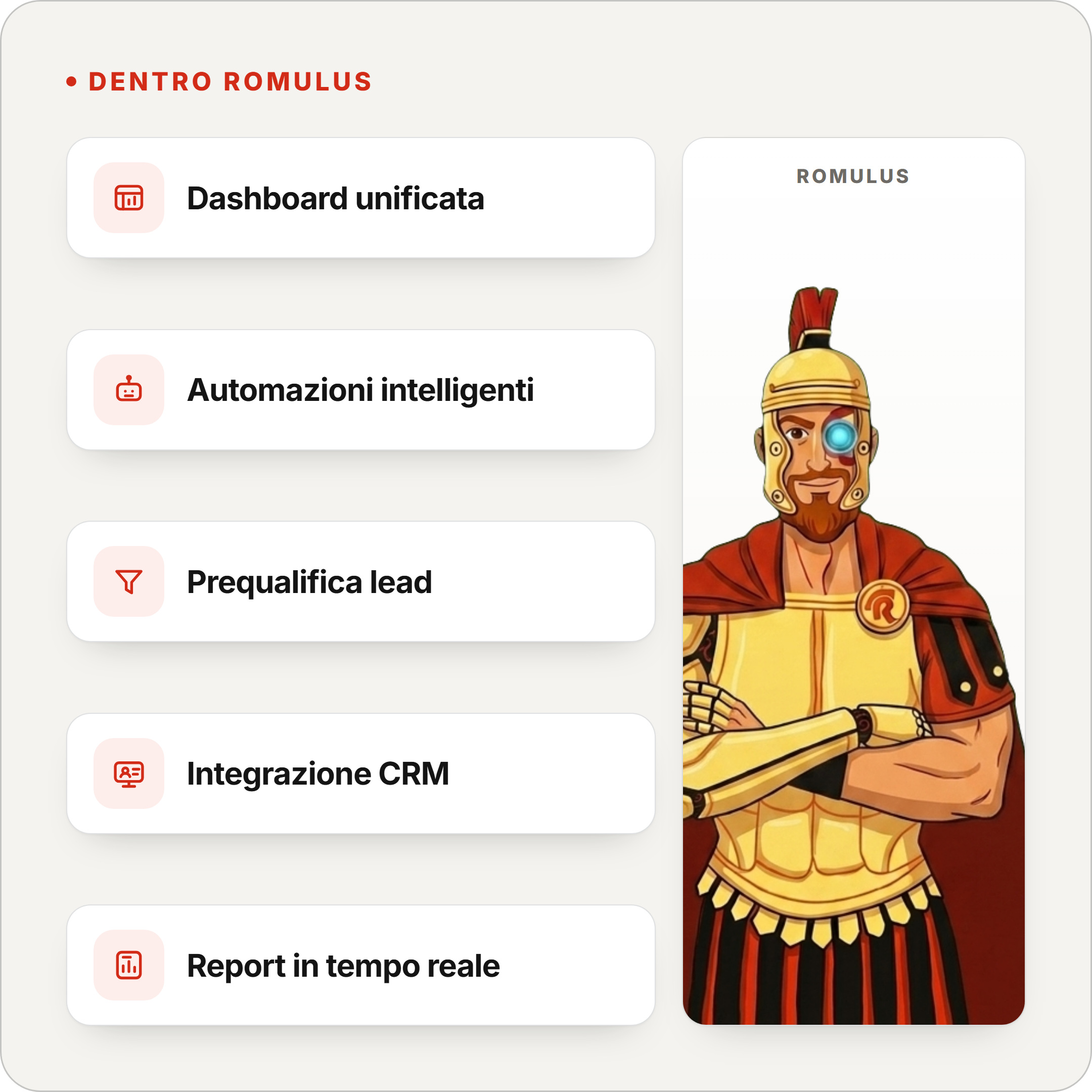 Dentro Romulus: dashboard unificata, automazioni intelligenti, prequalifica lead, integrazione CRM, report in tempo reale