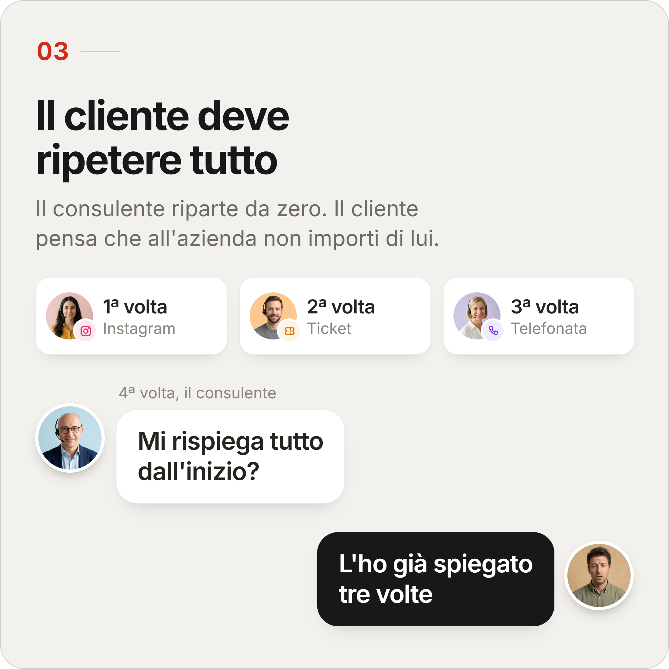 3. Il cliente deve ripetere tutto: il consulente riparte da zero e il cliente pensa che all'azienda non importi di lui.