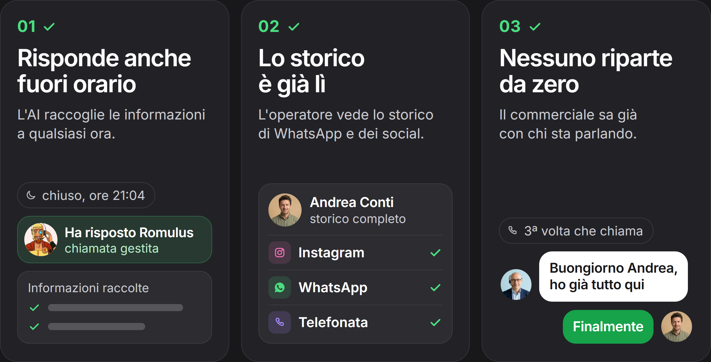 L'AI risponde e raccoglie informazioni fuori orario. L'operatore vede già tutto lo storico WhatsApp e Social. Il commerciale non riparte mai da zero.