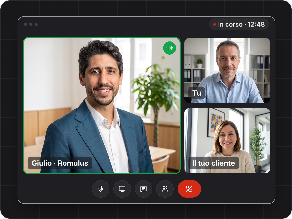 Giulio in videochiamata con un partner e il suo cliente
