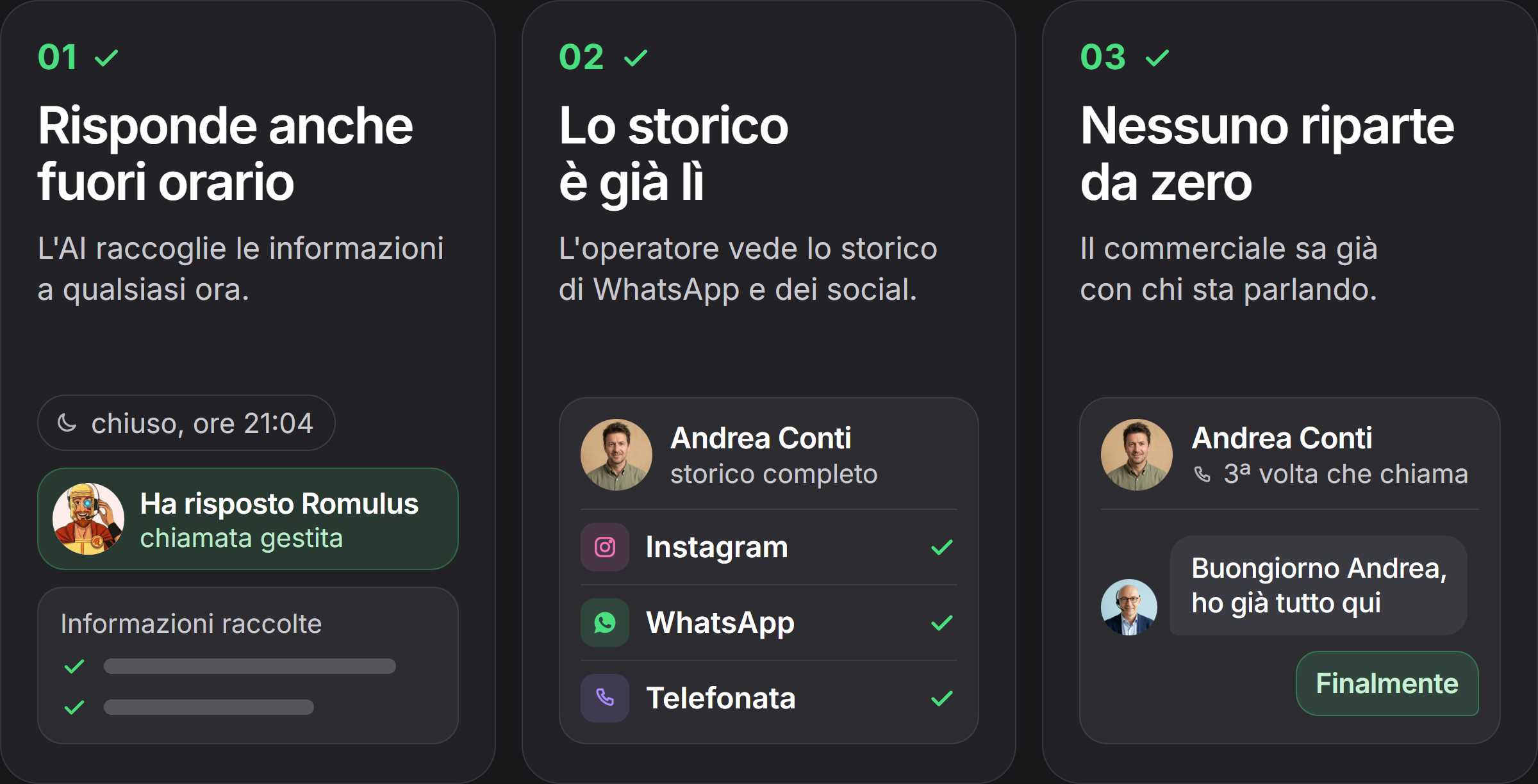 L'AI risponde e raccoglie informazioni fuori orario. L'operatore vede già tutto lo storico WhatsApp e Social. Il commerciale non riparte mai da zero.