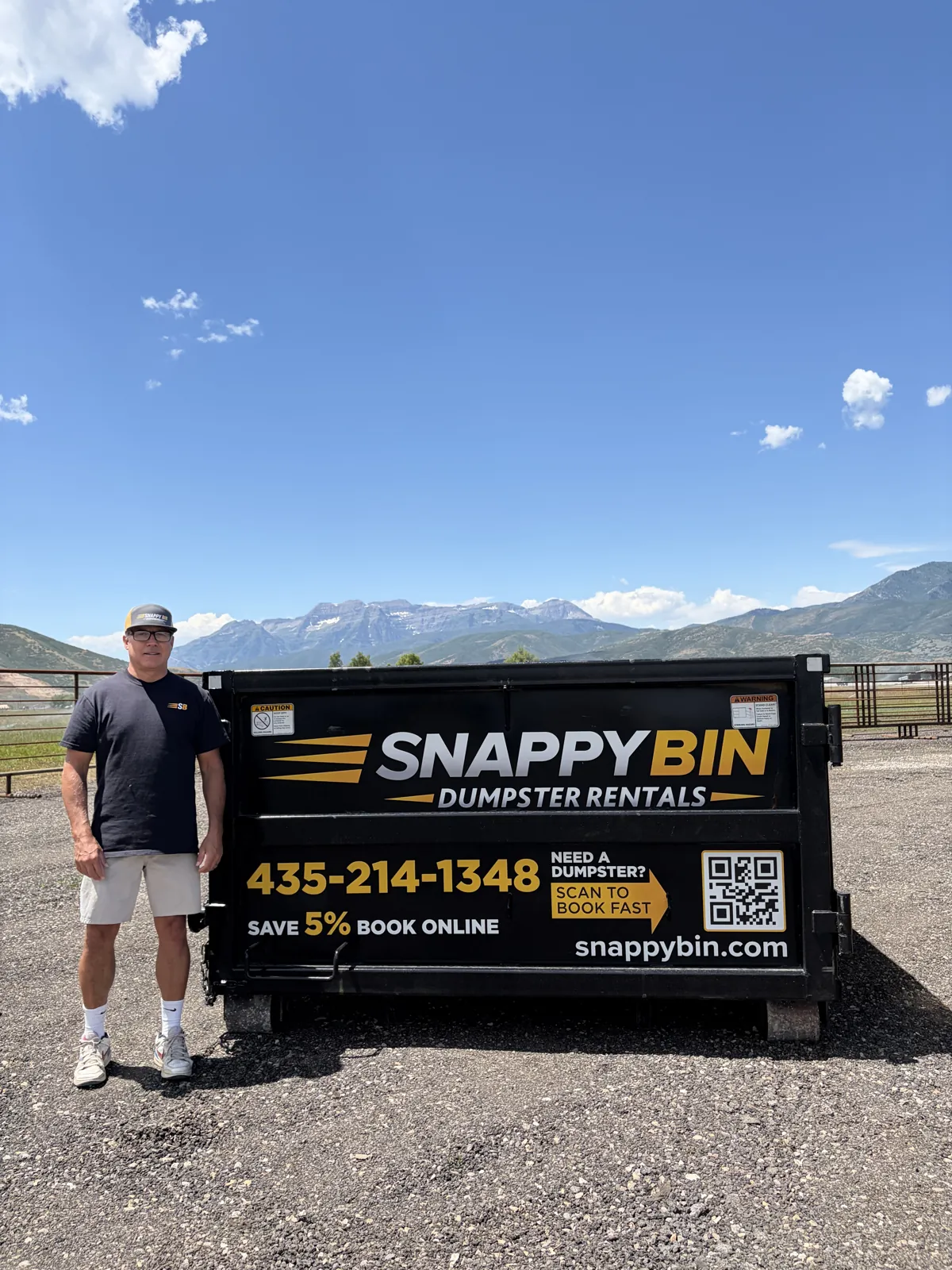 Snappy Bin roll-off dumpster rental in Park City, Utah with Mount Timpanogos in the background