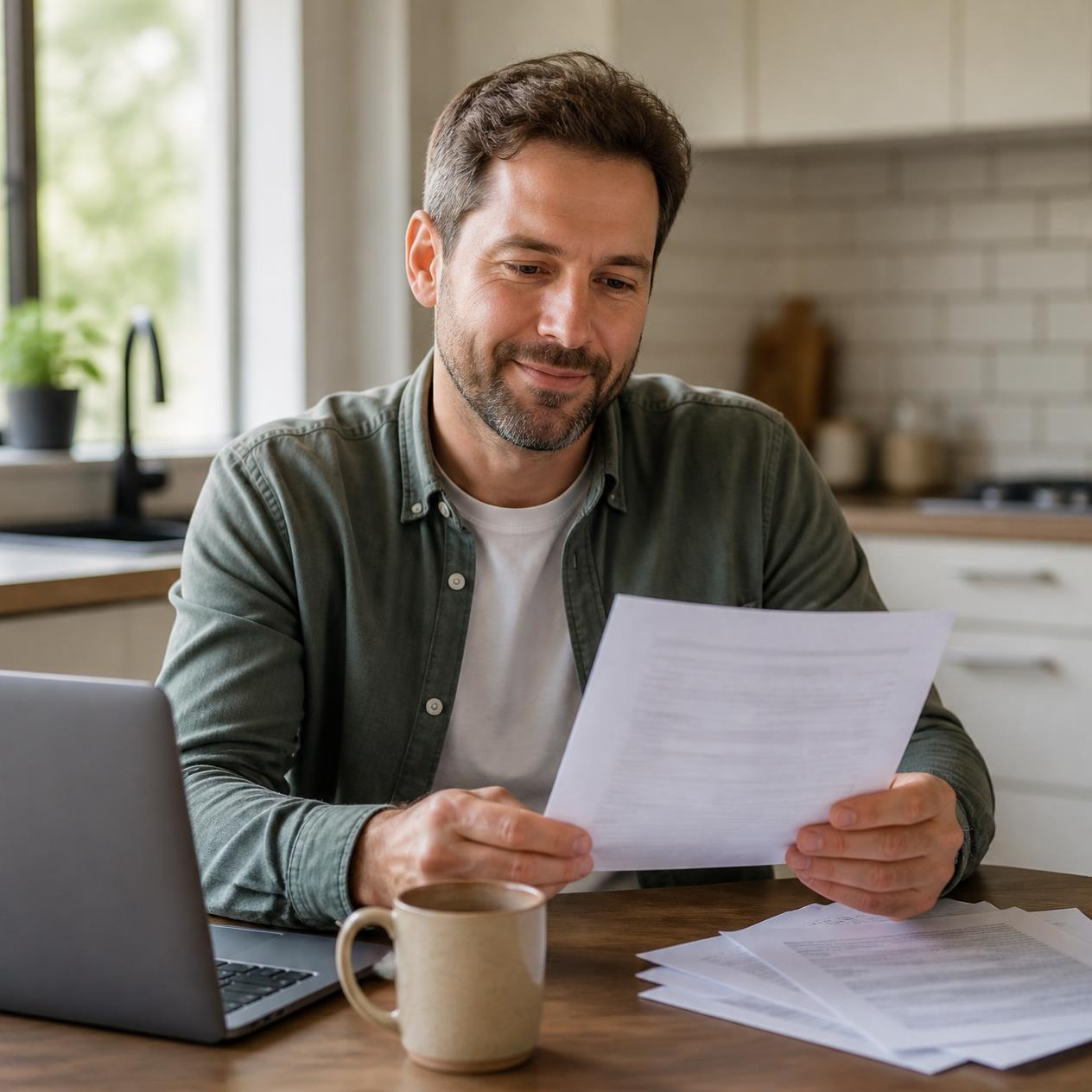 An Alberta homeowner sitting at the counter with his lap top and look relax after consolidating his debt