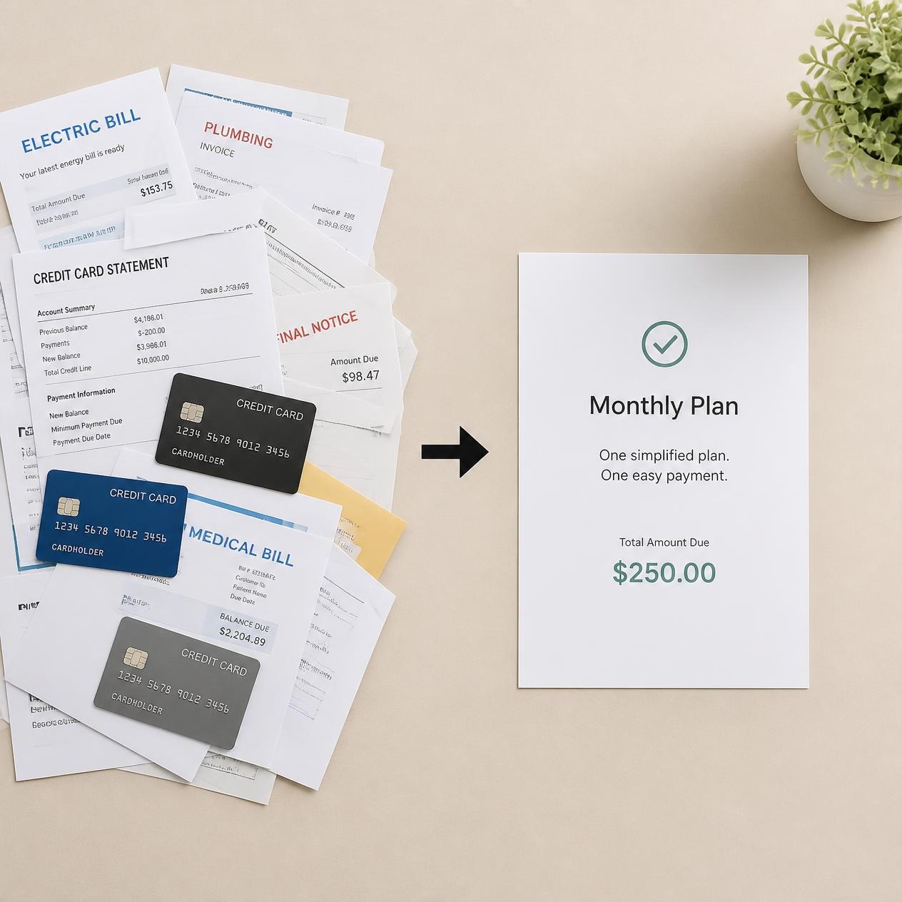 Debt consolidation turns multiple high interest debts into one lower payment.