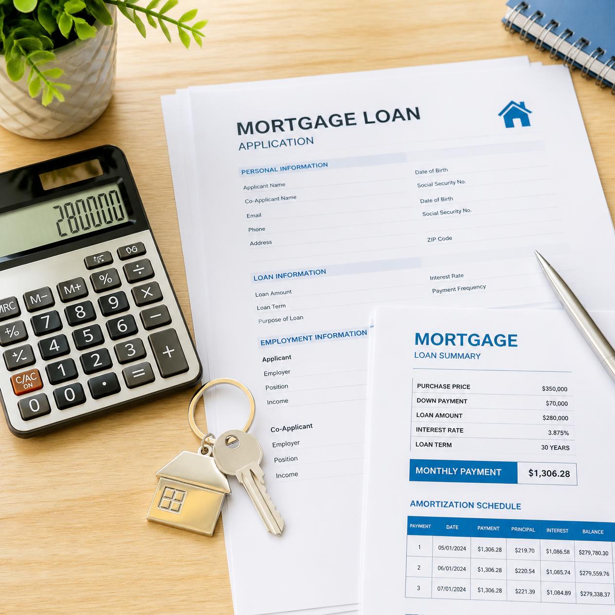 a clean flat-lay of a calculator, house key, and mortgage documents arranged neatly a clean flat-lay of a calculator, house key, and mortgage documents arranged neatly
