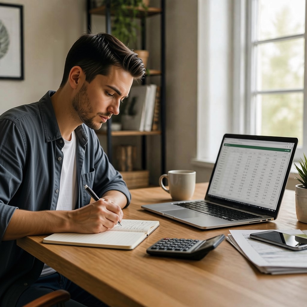 A person writing in a notebook next to a laptop showing a simple spreadsheet, calculator nearby, organized desk, natural daylight, photorealistic, focused and calm mood, warm neutral tones, mid-shot A person writing in a notebook next to a laptop showing a simple spreadsheet, calculator nearby, organized desk, natural daylight, photorealistic, focused and calm mood, warm neutral tones, mid-shot