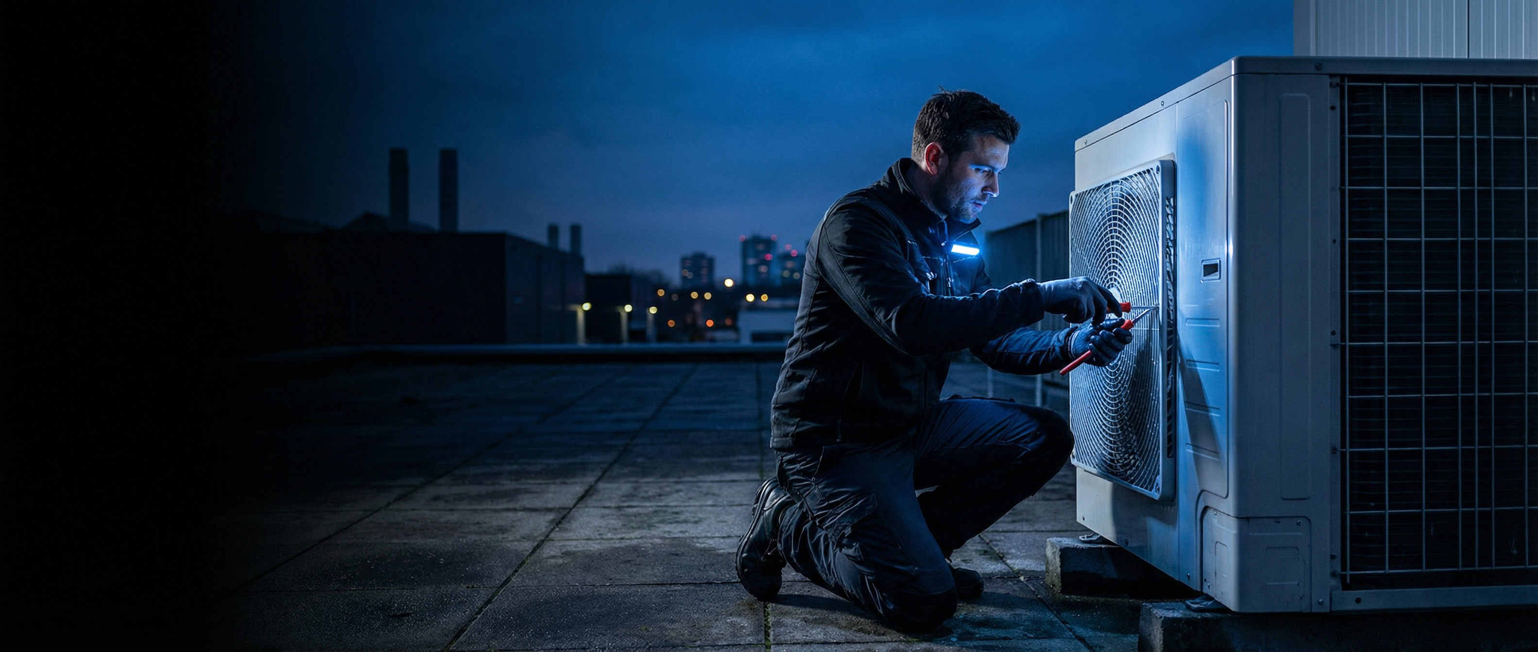 HVAC technician servicing an outdoor condenser unit