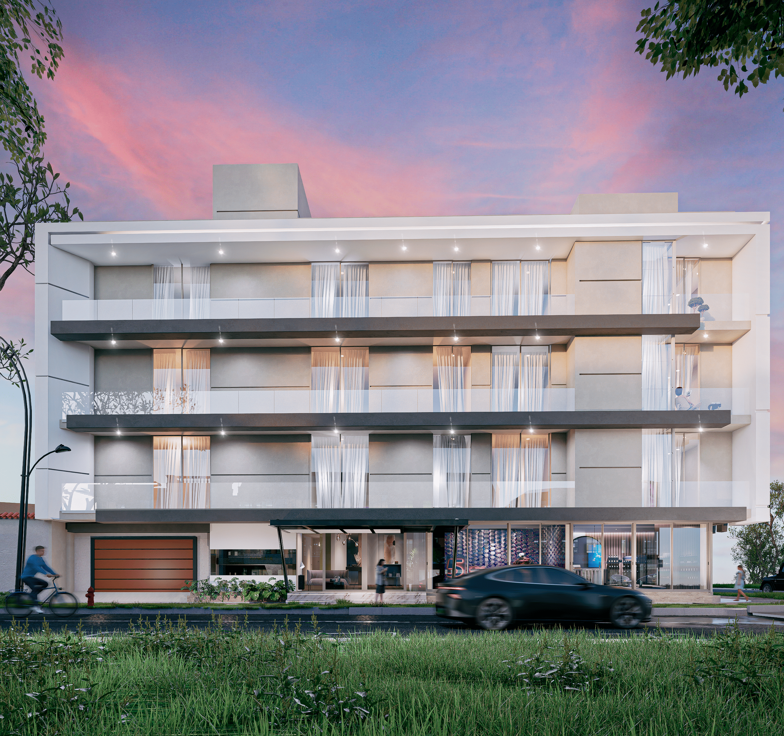 Vista frontal del edificio con balcones y planta baja