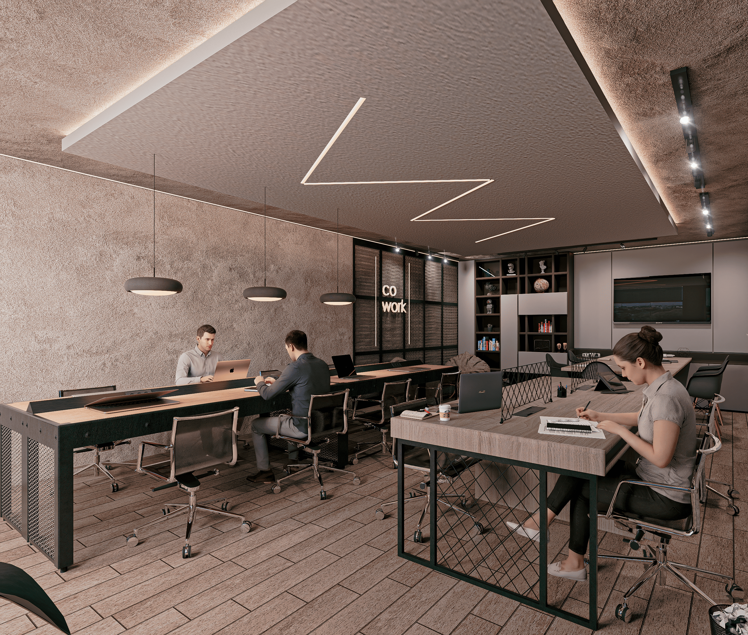Cowork con mesas de trabajo