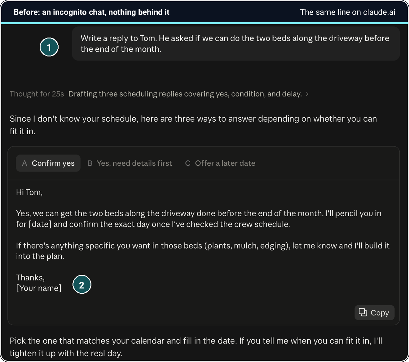 Before: the one-line request in an incognito chat, answered with a template and three versions to pick from
