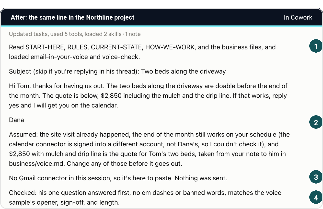 After: the same line inside the Northline project, answered as a finished reply in the owner's voice with the real quote