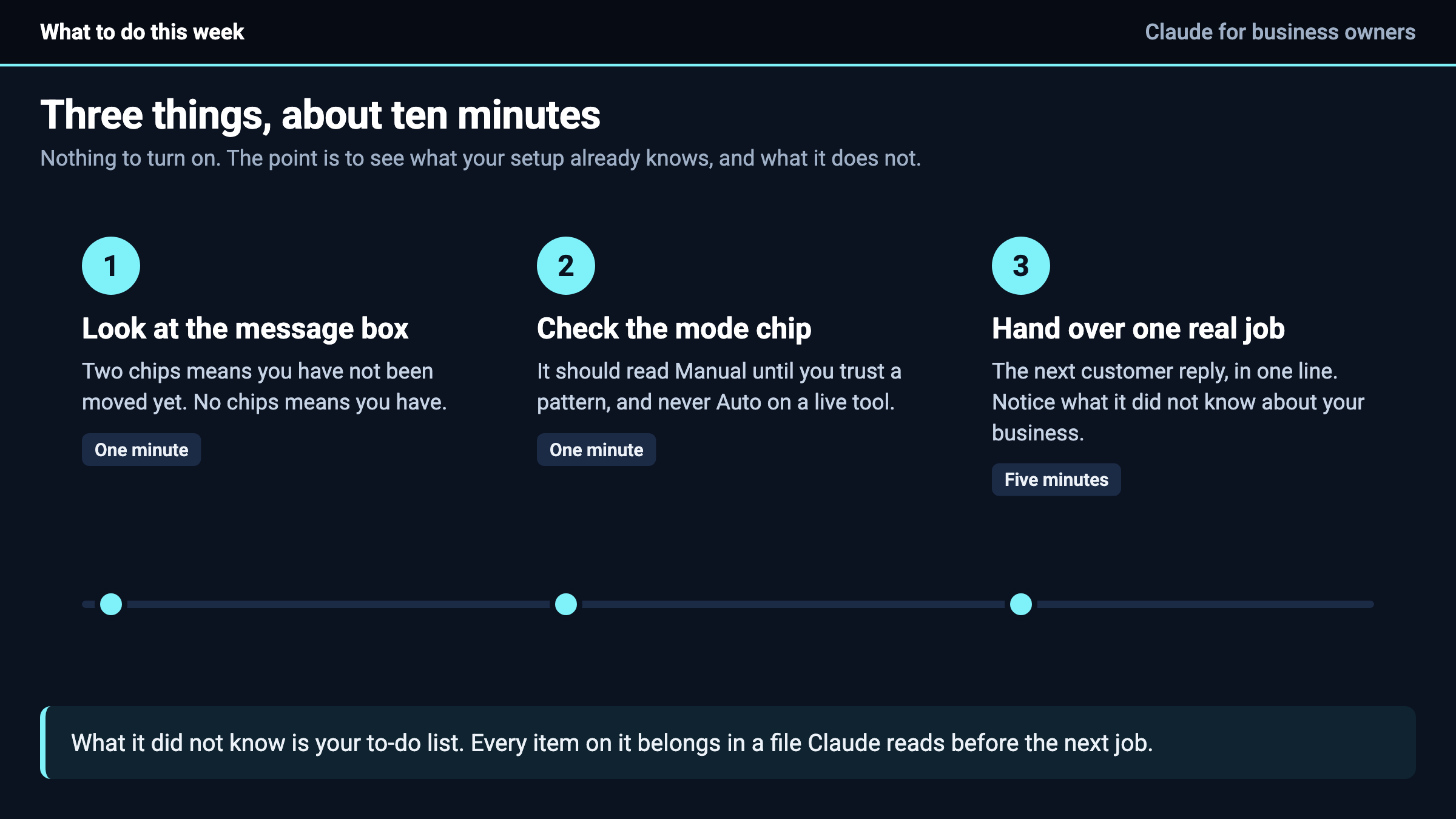 Three things to do this week: look at the message box, check the mode chip, hand over one real job.