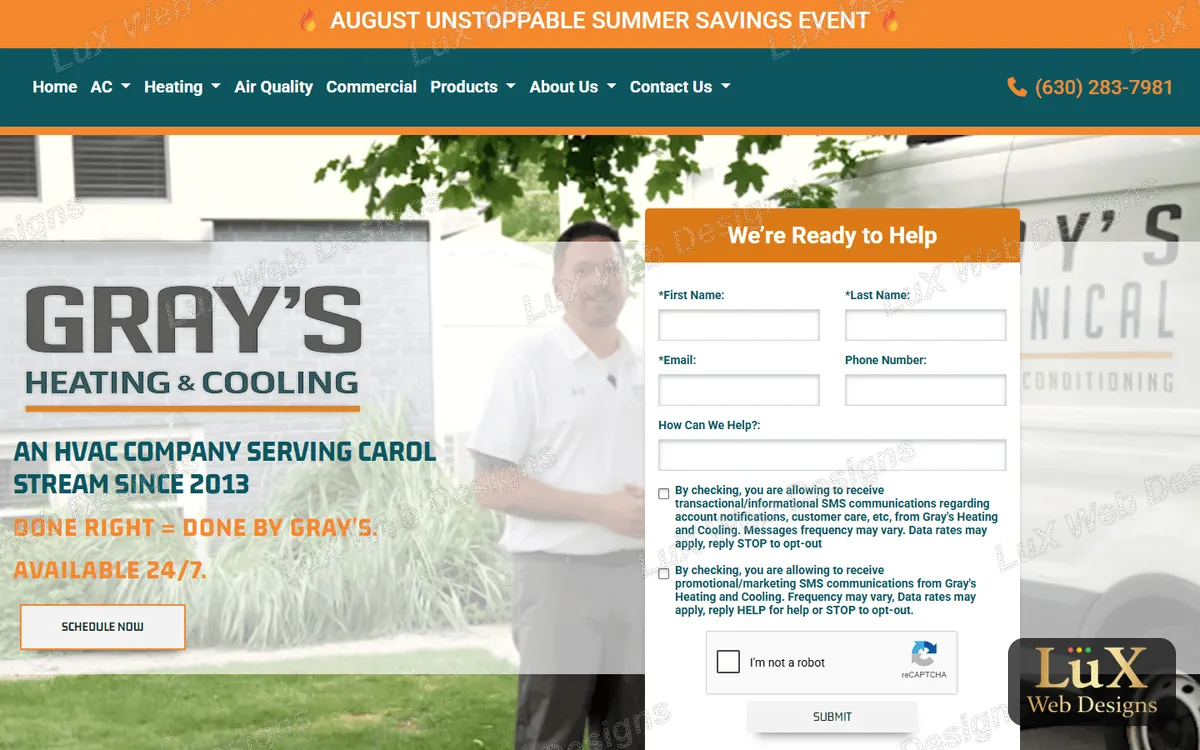 Website for a heating and cooling company, designed by LuX Web Designs