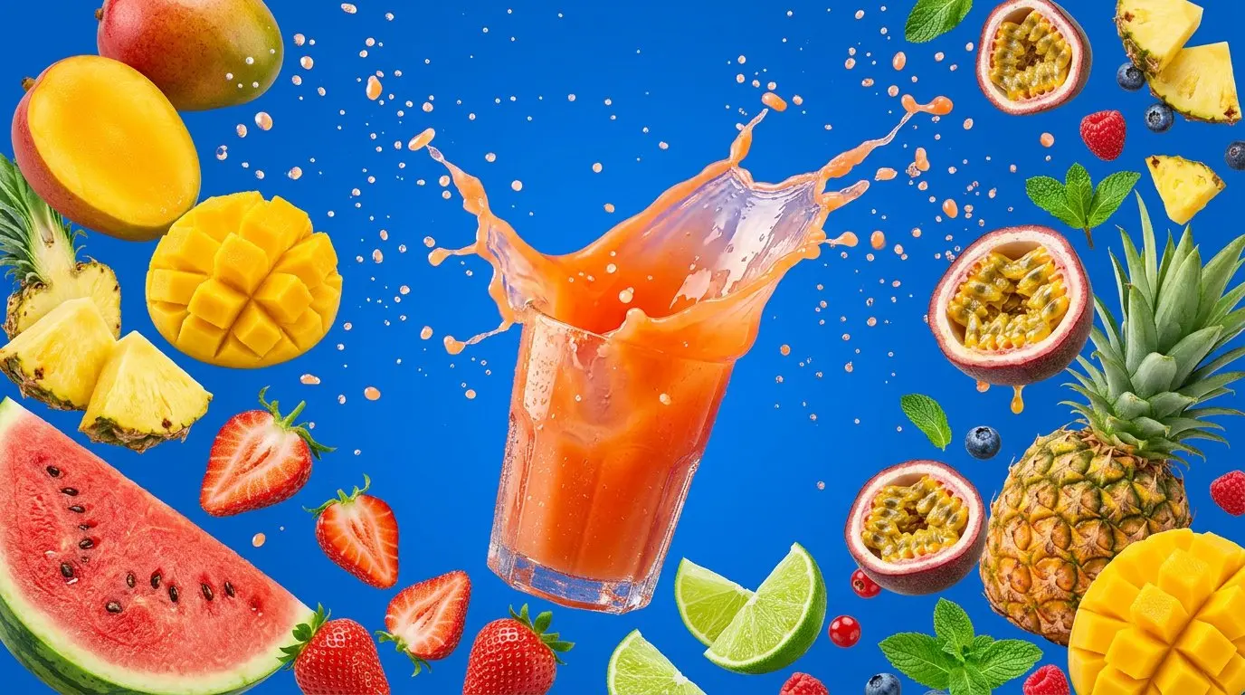 Éclaboussure de jus et fruits tropicaux sur fond bleu Caribliss