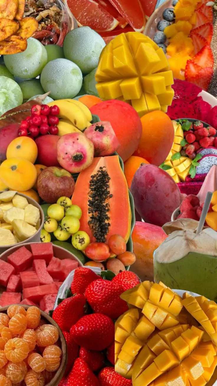 Abondance de fruits tropicaux : mangue, papaye, pastèque, fraises et coco