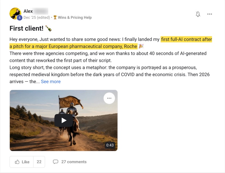 Community post: first full AI contract with Roche, won against three agencies