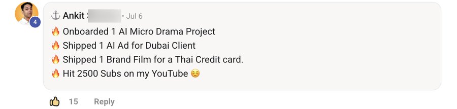Comment: micro drama project onboarded, ads shipped for Dubai and Thai clients, 2,500 YouTube subscribers