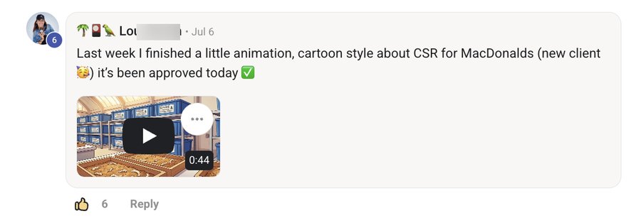 Comment: cartoon-style animation for McDonalds approved, a new client