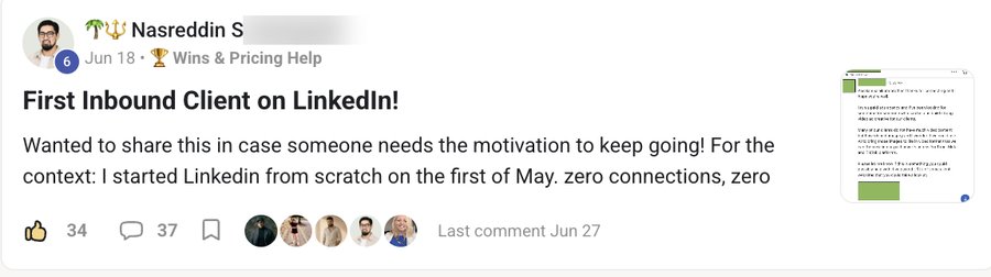 Community post: first inbound client on LinkedIn