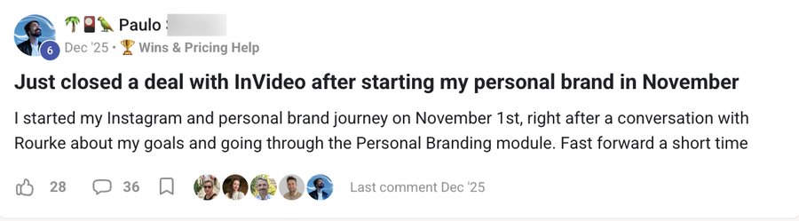 Community post: closed a deal with InVideo after starting a personal brand in November