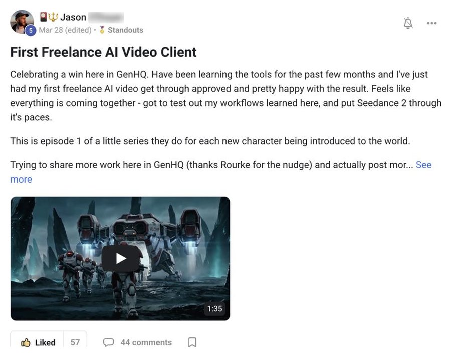Community post: first freelance AI video client approved