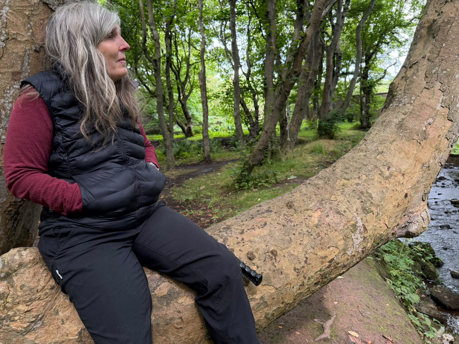 Jo Brown, wellbeing coach, sitting on a tree near Slains Castle, reflecting on why achieving goals didn’t make her feel fulfilled.