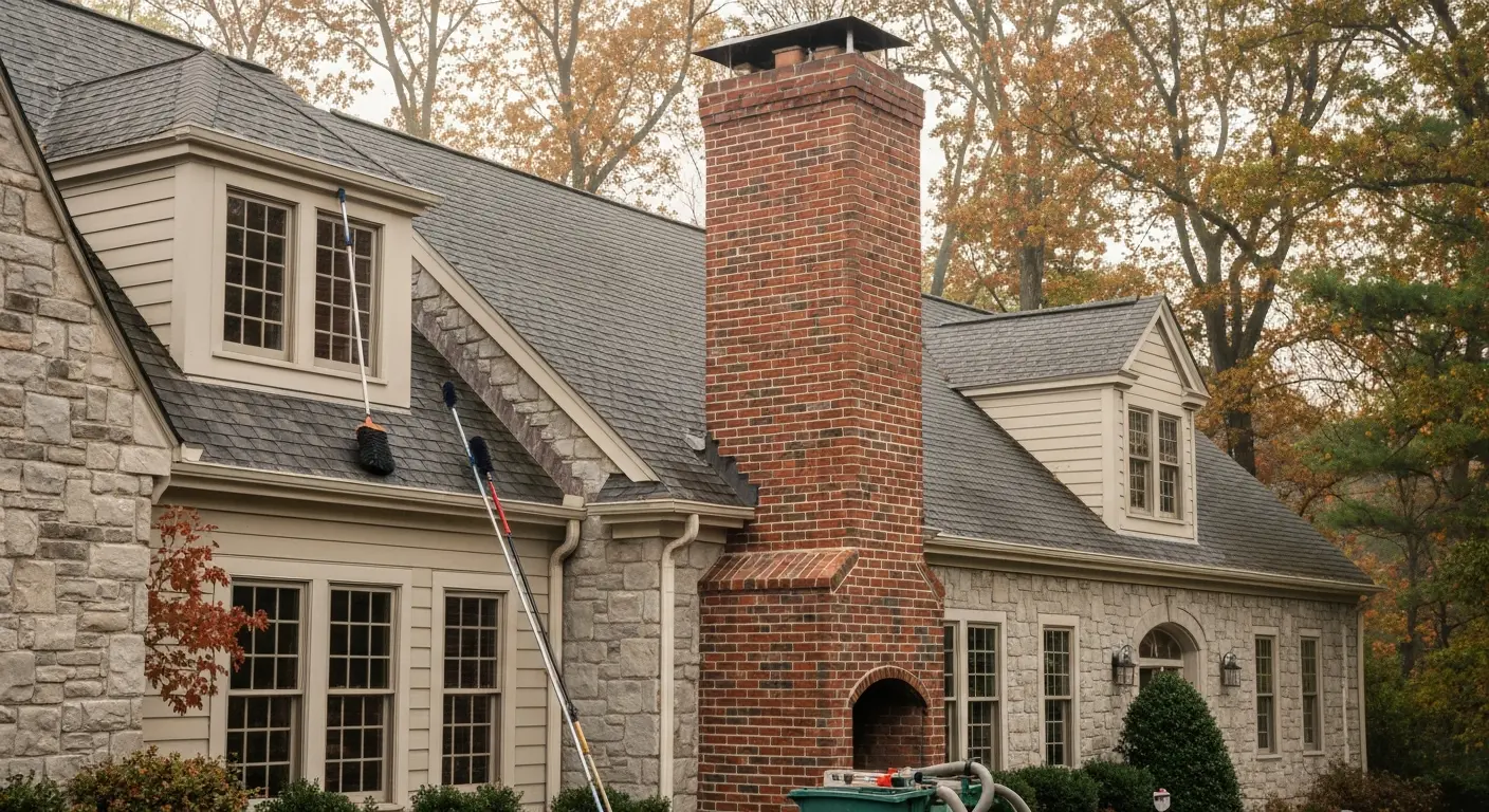 Professional chimney cleaning in progress