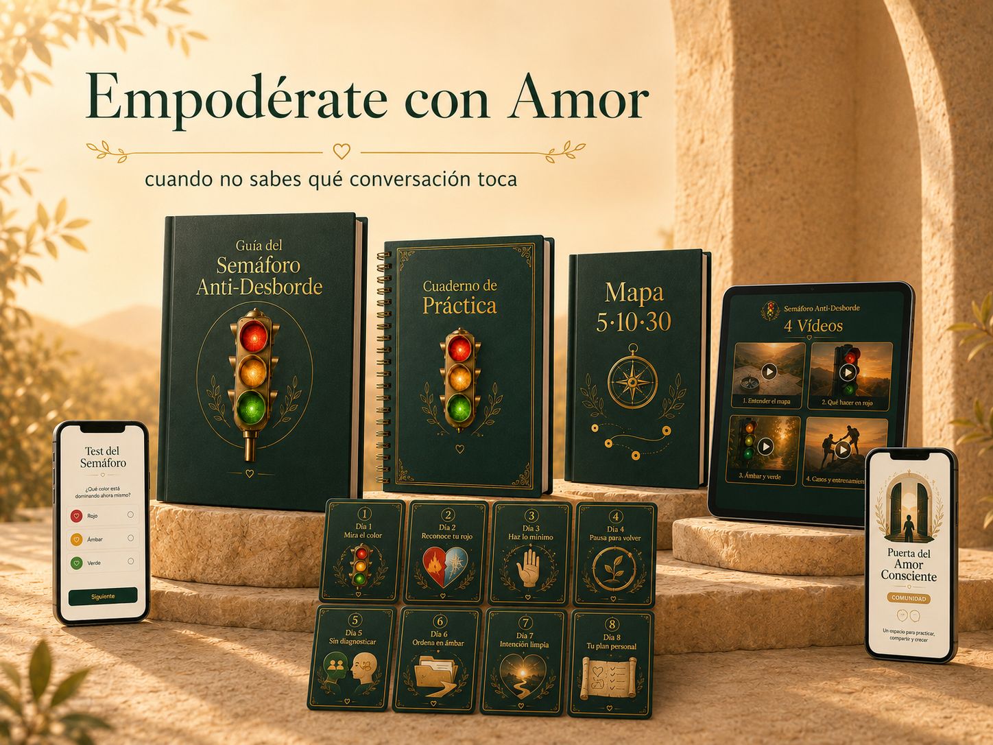 Vista principal de los 7 productos del Kit del Semáforo Anti-Desborde