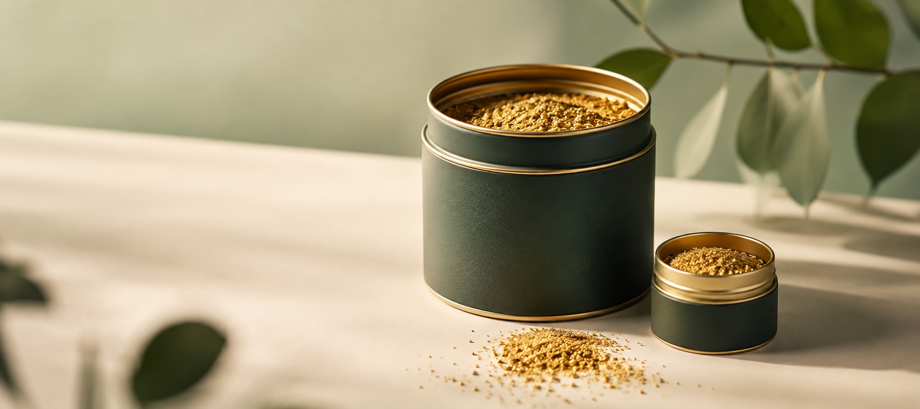 BIONIQ Go personalised micronutrition: matte green tins of fine golden micro-granules on a bright, calm surface