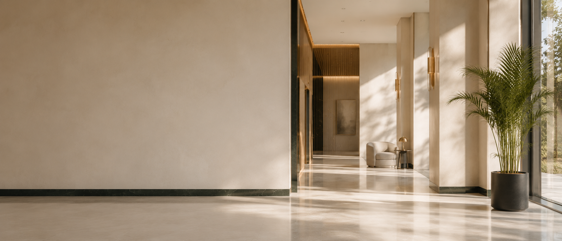 Espacio sereno y ordenado al atardecer